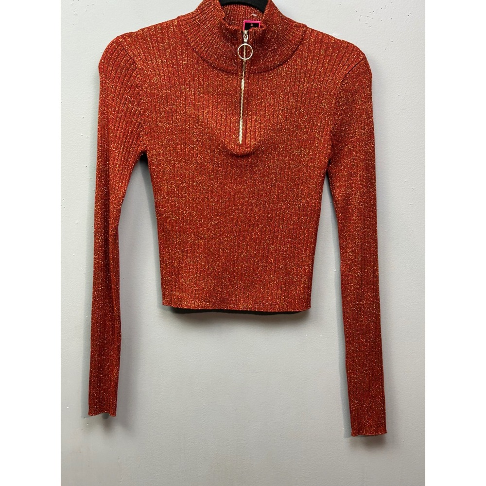 Maddie Steel Womens Orange Metallic Ribbed Mock Neck Long Sleeve Top
